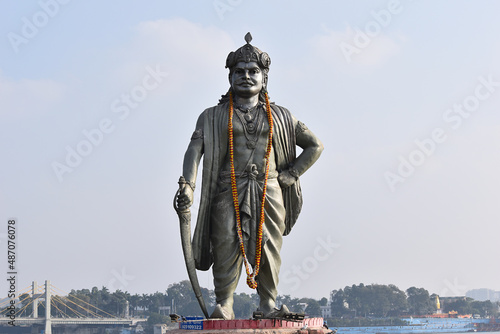 Horizontal view of Raja Bhoj Statue - 32 feet high, on Upper Lake, King Bhoj, who ruled from about 1010 to 1060, VIP Road,  Bhopal, Madhya Pradesh, India. photo