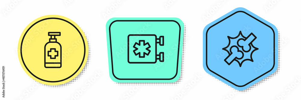 Set line Antibacterial soap, Emergency - Star of Life and Joint pain, knee pain. Colored shapes. Vector Set line Antibacterial soap, Emergency - Star of Life and Joint pain, knee pain. Colored shapes. Vector