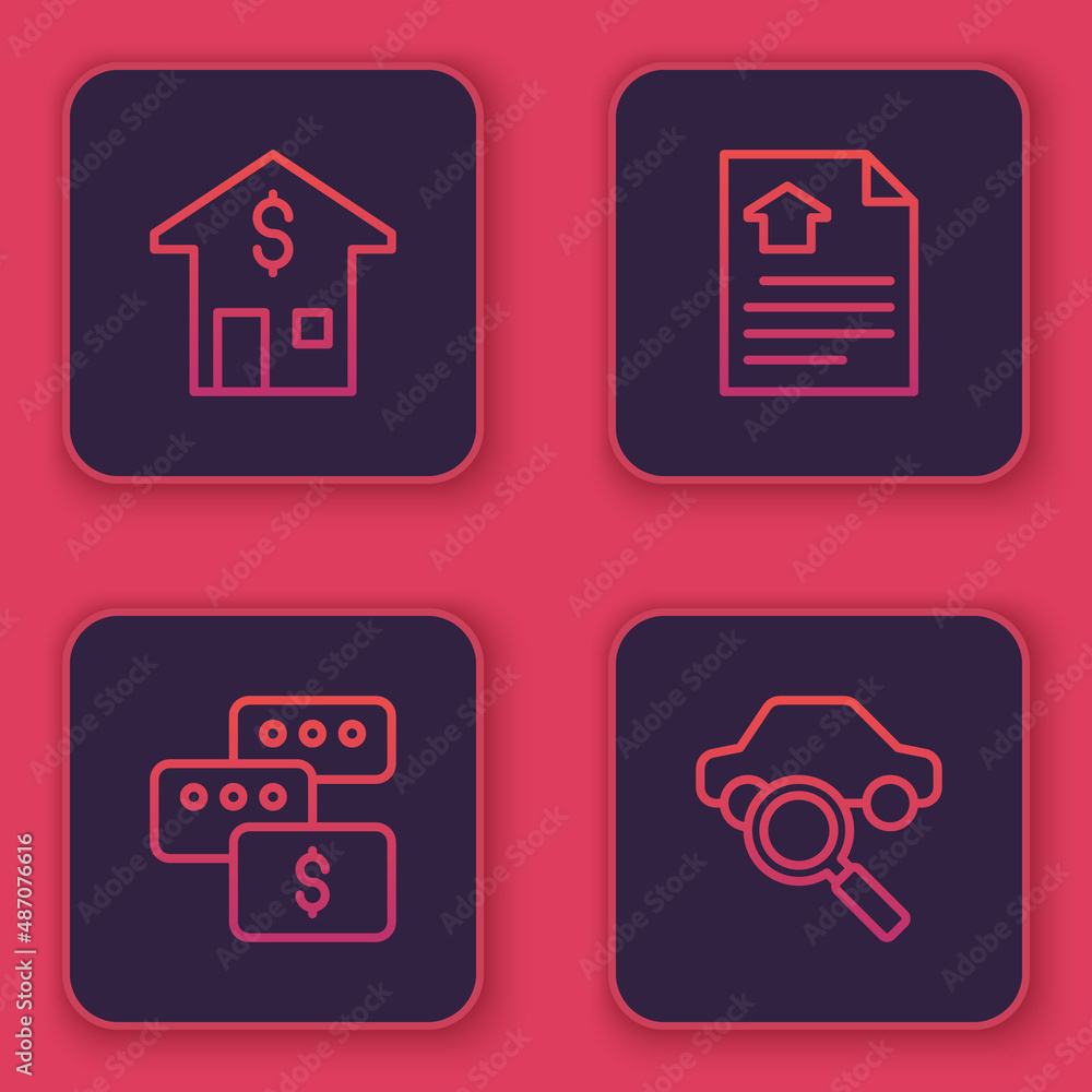 Set line House with dollar, Price negotiation, contract and Car sharing. Blue square button. Vector Set line House with dollar, Price negotiation, contract and Car sharing. Blue square button. Vector