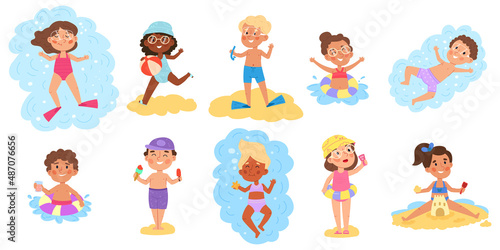 Children at beach, water games, swimming, summer beach vacation. Kids swimming and playing vector illustration set. Boys and girls chilling at beach