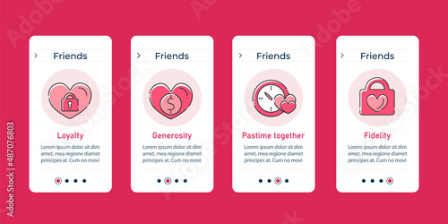 Friends onboarding mobile app screens. Loyalty, generosity, pastime together, fidelity. Relationships steps menu. Set of UI, UX, web template with RGB color linear icons