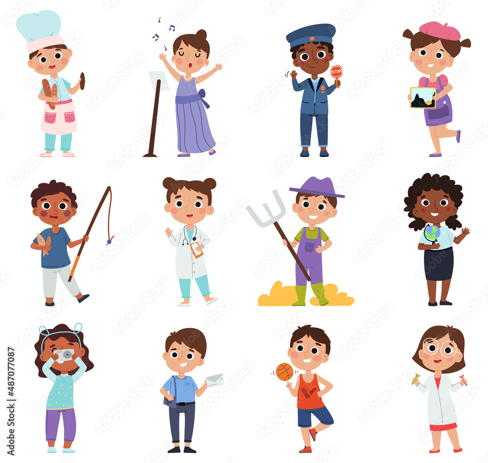 Kids professions, young painter, doctor and cook characters. Children in costumes of different professions vector illustration set. Cartoon kids choosing occupations Kids professions, young painter, doctor and cook characters. Children in costumes of different professions vector illustration set. Cartoon kids choosing occupations