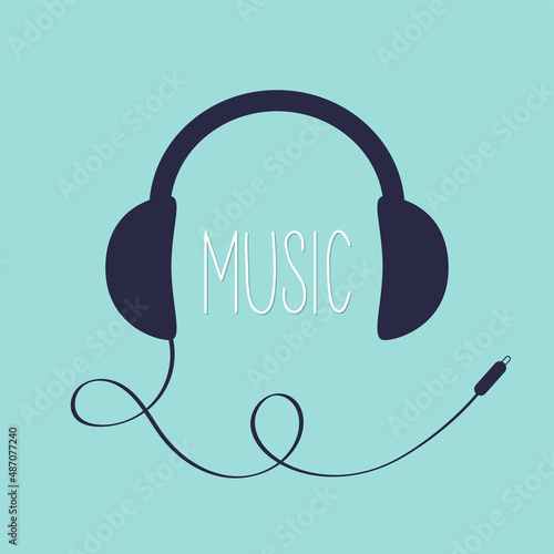Black headphones earphones with cord plug and word Music. Headset icon. Headphone speaker. Greeting Card. Flat design. Blue background. Isolated.