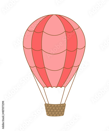 Hot air ballon. Pink cute aerostat. Flat, cartoon, isolated