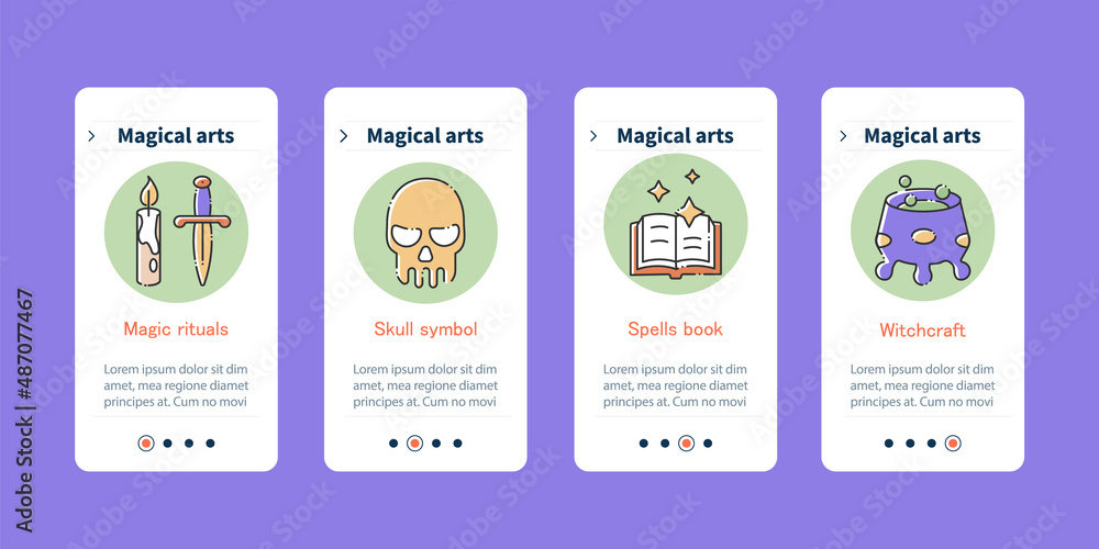 Fototapeta premium Magical arts onboarding mobile app screens. Skull symbol, spells book, witchcraft. Rituals steps menu. Set of UI, UX, web template with RGB color linear icons