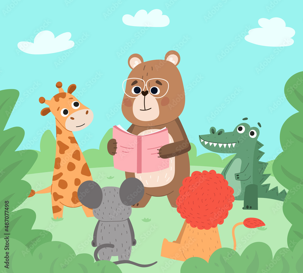 Obraz premium Animals reading book, cute wildlife book lovers. Cute bear reads to baby animals vector background illustration. Cartoon cute animals reading
