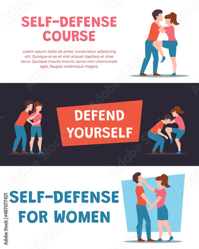 Self-defense courses for women banners or flyers set, flat vector illustration.