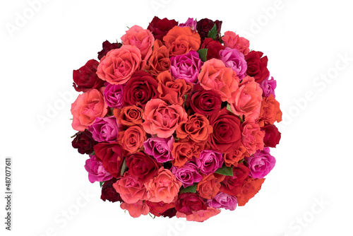 top view on a bouquet of beautiful roses isolated