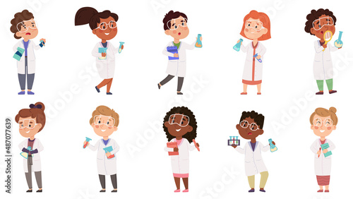 Kids scientists, boys and girls experiment in chemistry lab. Multiracial kids scientists doing scientific experiment vector illustration set. Baby scientist characters