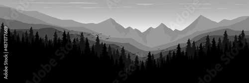 monochrome mountain landscape forest silhouette vector illustration good for wallpaper  background  backdrop  banner  header  tourism design  mountain travel design and design template