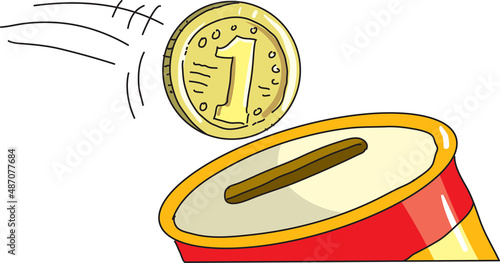 Round  money box vector illustration. Money box and falling golden coin. 