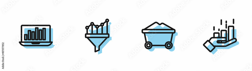 Set line Coal mine trolley, Laptop with graph chart, Sales funnel and Financial growth icon. Vector