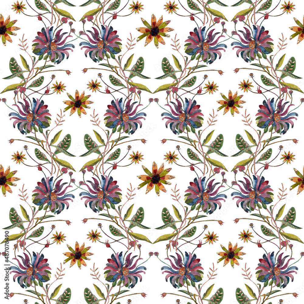 Fototapeta premium Watercolor flower in vintage retro style with added texture of gold and sequins. Seamless pattern.