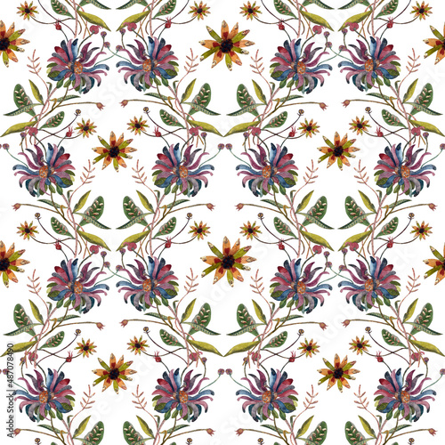 Watercolor flower in vintage retro style with added texture of gold and sequins. Seamless pattern.
