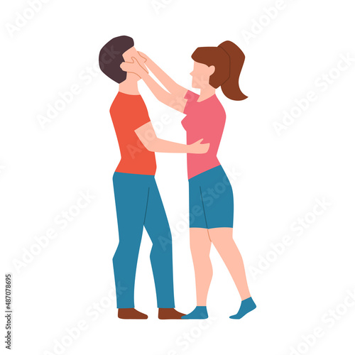 Woman reflecting attack of aggressive man, flat vector illustration isolated.
