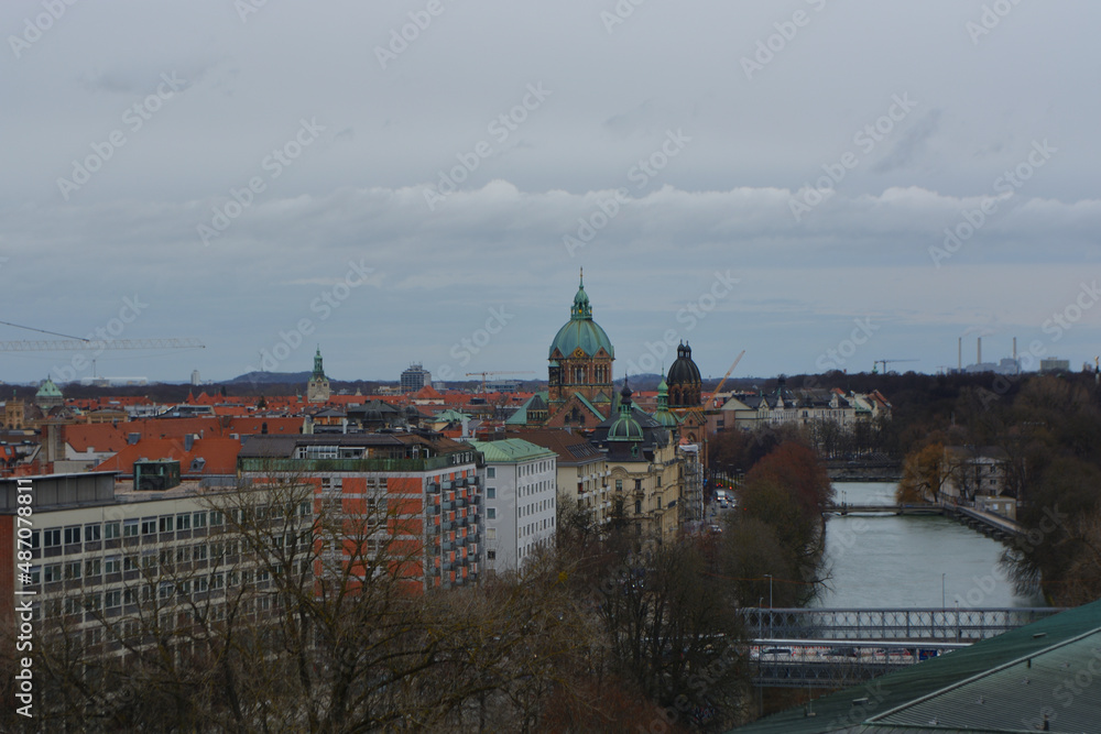 Aerial view of Munich over Isar, Munich, Bavaria, Germany