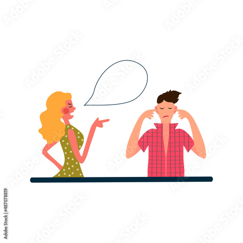 Man and woman quarrel. Woman is blaming the man. Family conflict incident illustration for web-sites, books, magazines. Vector isolated on white background.