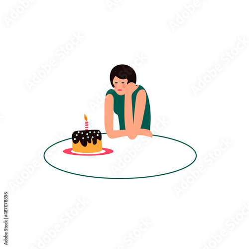 Young woman who stay alone on her birthday. Concept vector illustration. Great for web-sites, magazines, books. Vector illustration isolated on white.