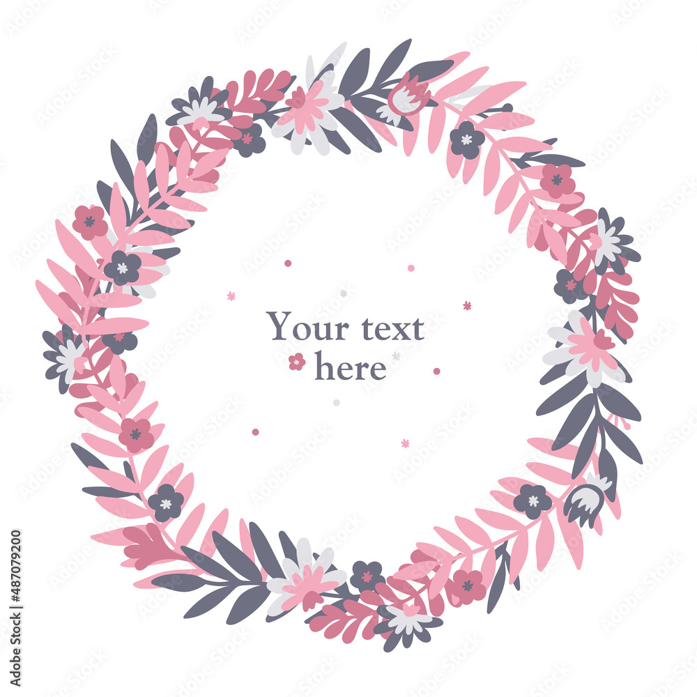 Wreath. Flower scandinavian doodle spring or summer wreath with flowers and leaves. Isolated