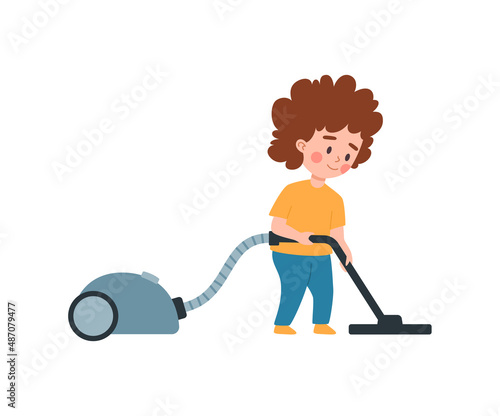 Boy vacuums the floor and helps around house, flat vector illustration isolated.