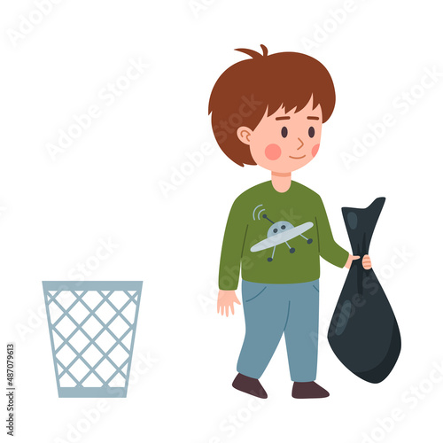 Boy throws garbage into trash, flat vector illustration isolated on white.