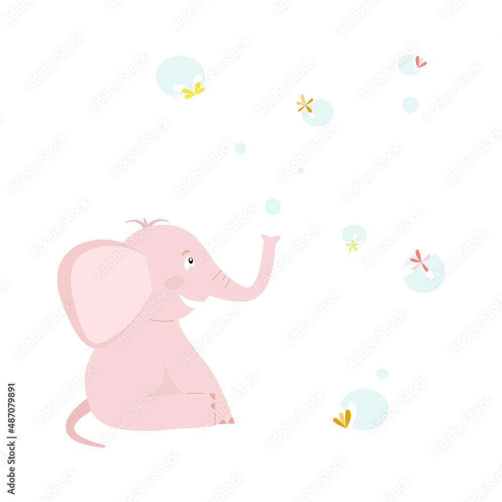 Pink funny elephant laughing while making water bubbles with the trunk. Vector illustration. Flat style Pink funny elephant laughing while making water bubbles with the trunk. Vector illustration. Flat style