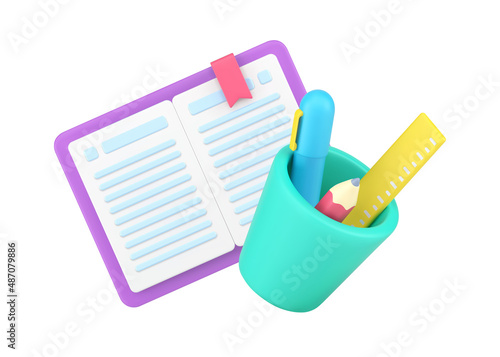 Open paper notepad bookmark and stationery in plastic glass 3d isometric icon vector illustration
