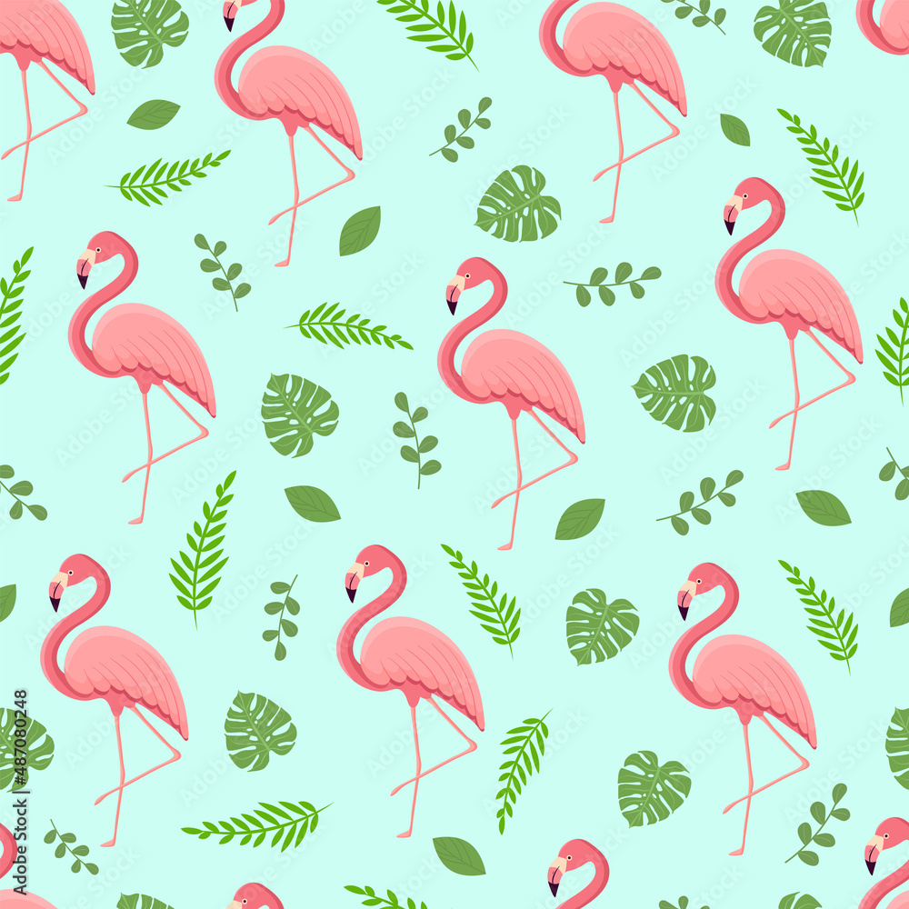 Fototapeta premium Seamless pattern with tropical bird flamingo, leaves and monster. Texture with a bird for textiles, wallpaper, print design, clothes postcards. Vector illustration.