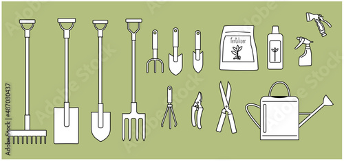 Different tools for the garden. Shovel, rake, watering can and other essential garden tools equipment. 