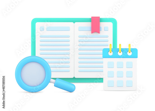 Planning important business deadline with schedule or reading interesting book with magnifying glass