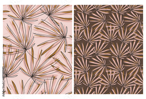 Infantile Style Palm Leaves Seamless Vector Pattern. Black and Light Pink Tropical Print for Textile, Wrapping Paper. Simple Hand Drawn Palm Tree Leaves on a Pink and Brown Background.