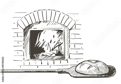 Vector bread on a shovel baked in a wood-fired oven. Vintage line sketch hand-draw illustration