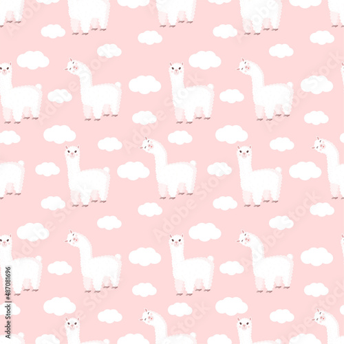 Seamless pattern with funny llama and clouds on a pink background. Vector illustration suitable for baby texture, textile, fabric, poster, greeting card, decor. Cute alpaca from Peru.