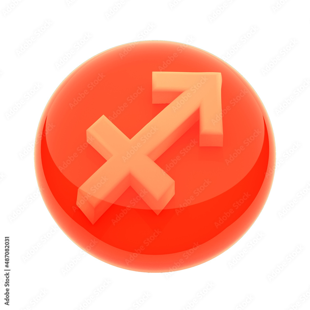 Color icon of the zodiac sign on a white background. Sagittarius is the sign of Fire, red. White sign in a rounded glass tablet. 3D render. Color icon of the zodiac sign on a white background. Sagittarius is the sign of Fire, red. White sign in a rounded glass tablet. 3D render.