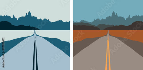 Set of two vector landscape illustrations. Peaceful nature background, banner, poster, cover.