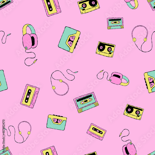 Vector nostalgic 80s 90s retro cassette tape, walkman, and headphones seamless repeat pattern background. Perfect for fabric, wallpaper, wrapping paper, scrapbooking projects.