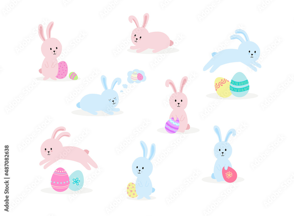 Easter bunnies set of cute hand drawn pink and blue rabbits sitting, jumping and sleeping. With colourful patterned Easter eggs Easter bunnies set of cute hand drawn pink and blue rabbits sitting, jumping and sleeping. With colourful patterned Easter eggs