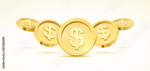 Benefit and profit, financial assets and investment. Vector golden dollar coins background or banner. Banking and deposit, interest and economics. Saving money and wealth earnings illustration