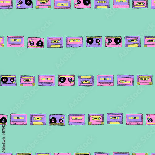Vector nostalgic 80s 90s retro cassette tape stripe seamless repeat pattern background. Perfect for fabric, wallpaper, wrapping paper, scrapbooking projects.