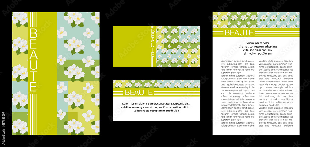 Ensemble de mise en page aux formats brochure et carte d’invitation avec un fond au motif floral avec des fleurs de thé.