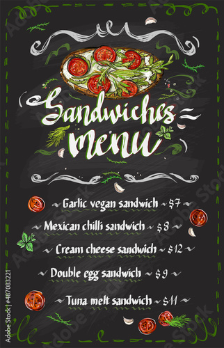 Sandwiches chalkboard display menu, hand drawn vector graphic sketch illustration mockup