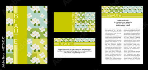 Ensemble de mise en page aux formats brochure et carte d’invitation avec un fond au motif floral avec des fleurs de thé.