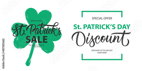 St. Patrick's Day Sale promotional labels. Patricks Day Sales templates with hand lettering and shamrock for holiday shopping, promotion and advertising. Vector illustration.