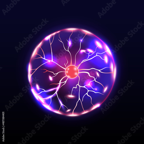 Neon sphere with core, isolated energy ball with electric lines and element connection. Vector outer space futuristic design, laser glowing in circular object. Cartoon plasma and flash effect