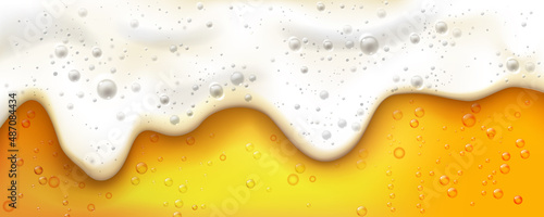 Menu banner or advertisement for pub or bar. Vector beer white foam with bubbles, splashes and drops with soft texture. Amber light alcoholic beverage, drinks and refreshments, craft brewery