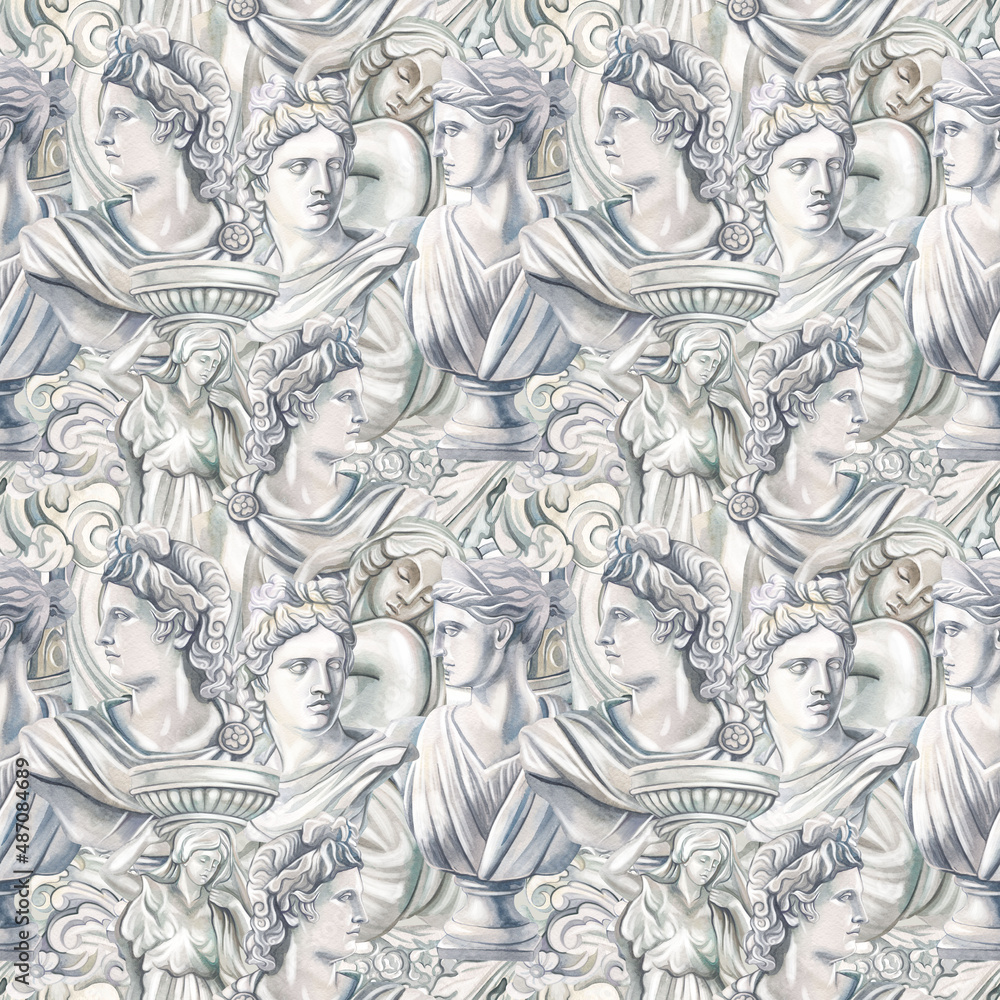 Seamless pattern ancient Greek gods sculptures