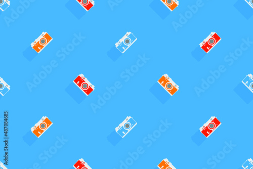 Seamless pattern from old drawn cameras. Background on the theme of photography and photographic equipment.