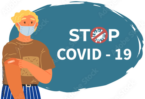 Stop coronavirus agitation concept. Vaccination promo, immunization of workers. Vaccine saves lives. People wearing protective mask showing their arm with bandage after receiving covid-19 vaccine