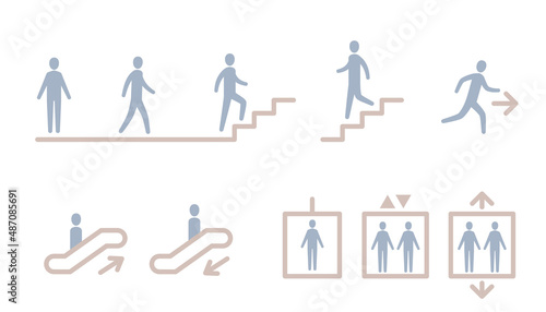 Human movement icon. Vector illustration set of up and down stairs, escalators, elevators.
