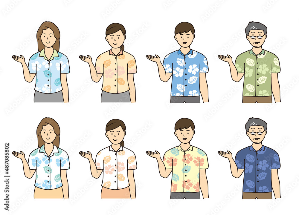 案内する沖縄のかりゆしウェアを着た男女